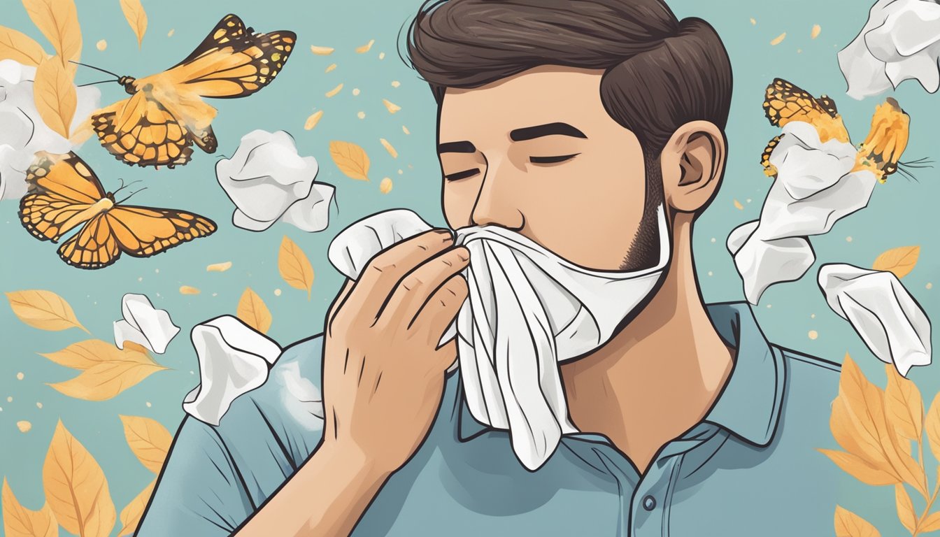 A person holding a tissue to their nose while surrounded by common triggers for nasal congestion such as dust, pollen, and pet dander