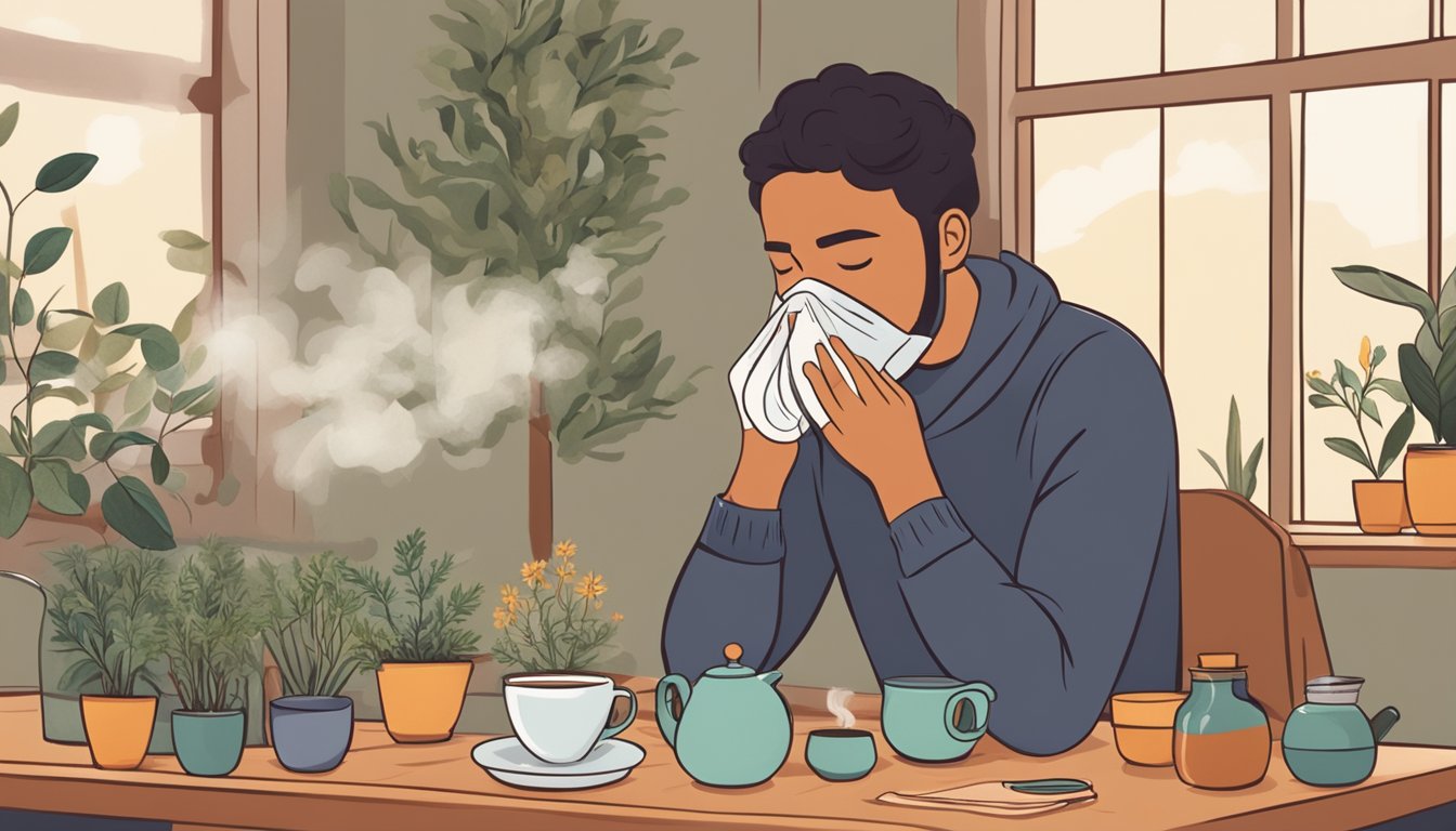 A person with a sinus infection holds a warm compress to their face while surrounded by herbal teas, essential oils, and a humidifier in a cozy, dimly lit room