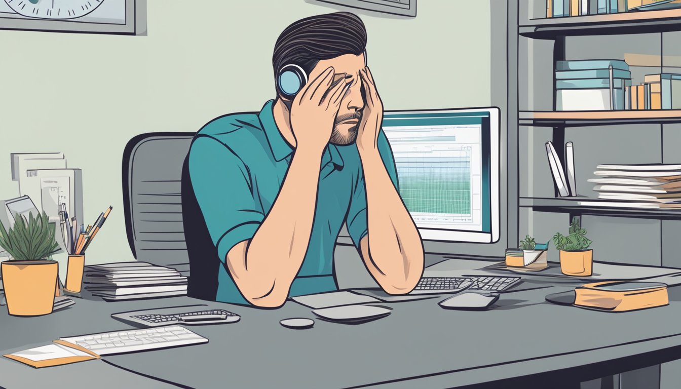 A person sitting at a desk with a furrowed brow, rubbing their temples with a pained expression. A computer screen in front of them displays information about tension headaches