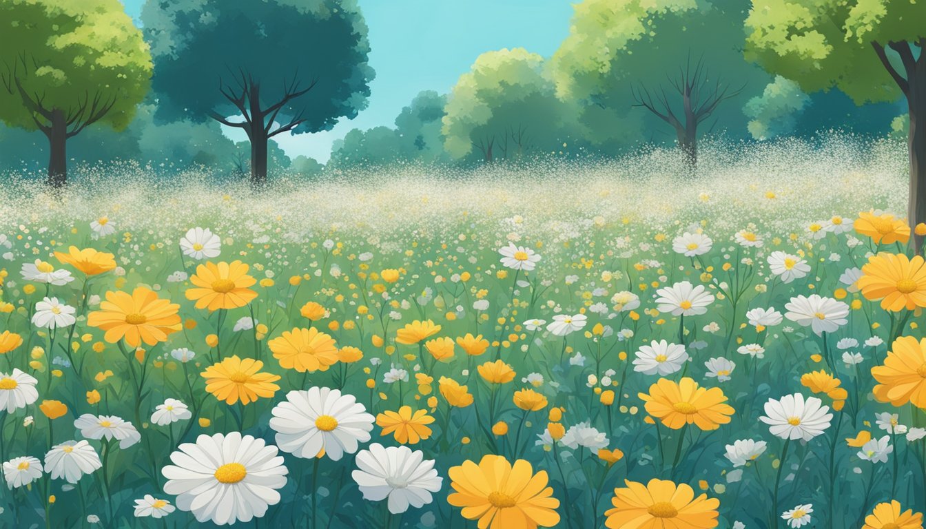 A field of blooming flowers with a clear blue sky, surrounded by trees releasing pollen into the air