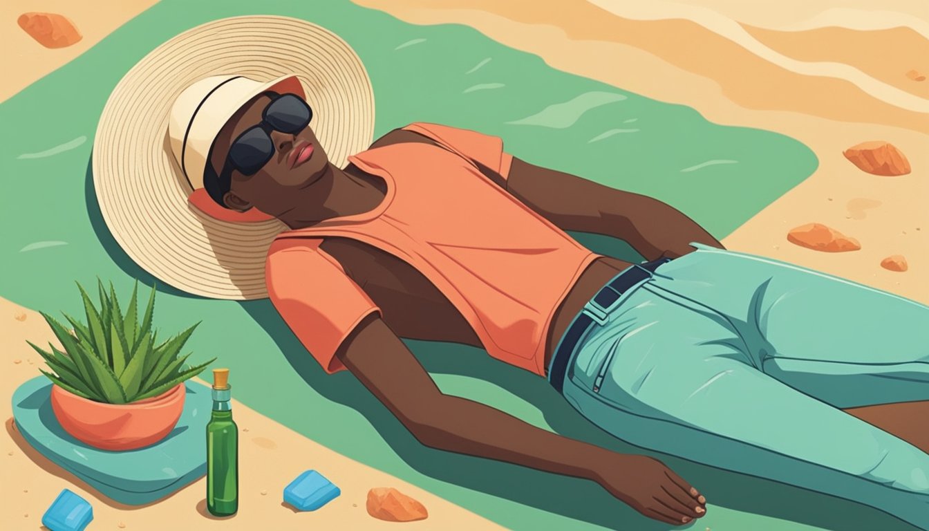 A person lying on a beach with red, irritated skin, holding a bottle of aloe vera, and wearing a wide-brimmed hat