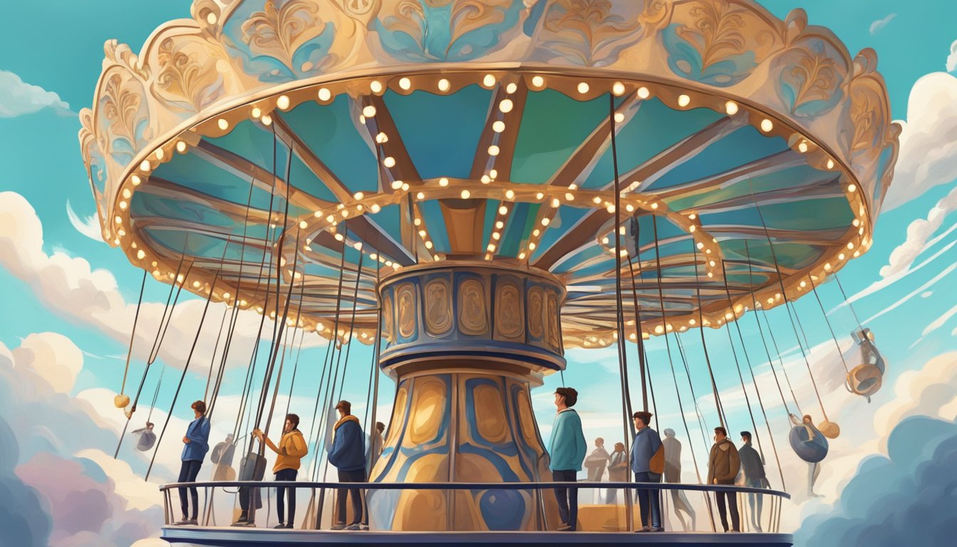 A person standing on a spinning carousel, surrounded by swirling clouds and dizziness-inducing patterns