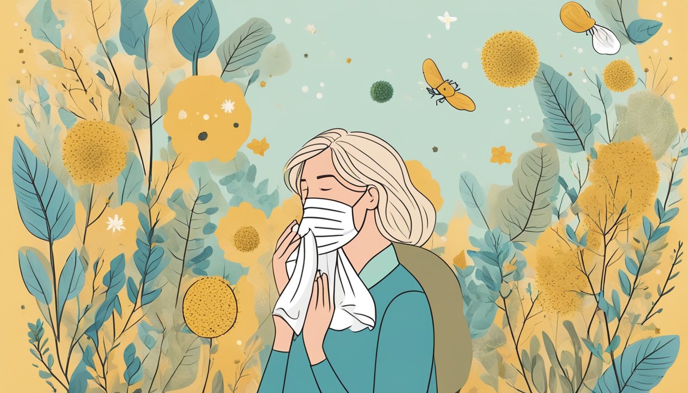 A person holding a tissue to their nose, surrounded by various allergens like pollen, dust, and pet dander