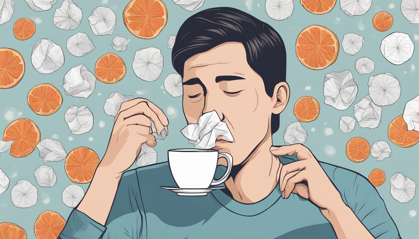 A person holding a tissue up to their nose, with a red, irritated nose and closed eyes, surrounded by tissues and a cup of tea