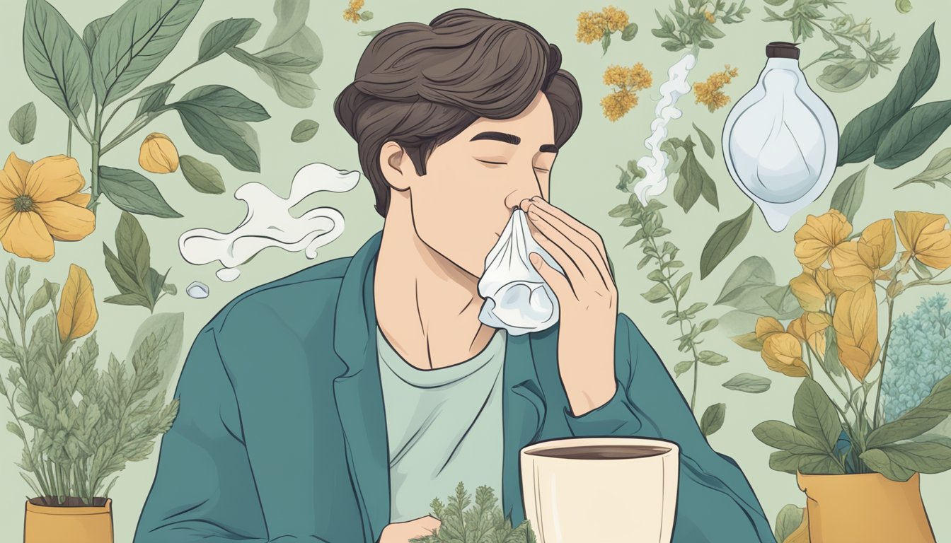 A person holding a tissue to their nose, surrounded by herbal teas, humidifiers, and steam inhalers