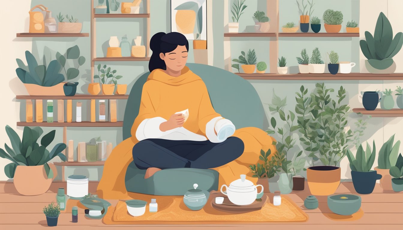 A person sitting in a cozy home, surrounded by herbal teas, steam inhalers, and a warm compress, with tissues and essential oils nearby