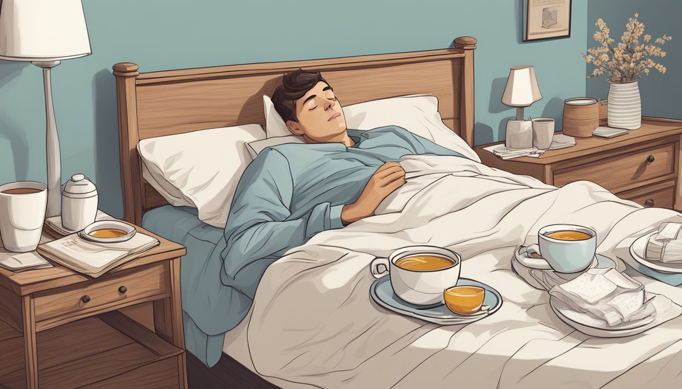 A person lying in bed with tissues strewn around, a cup of tea, and a bowl of soup on the bedside table