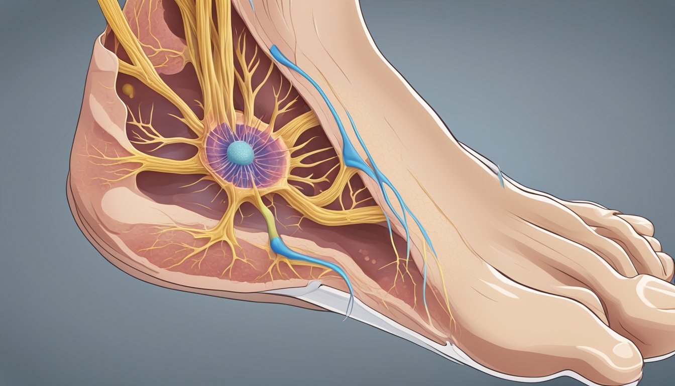 A close-up illustration of a plantar wart on the sole of a foot, surrounded by inflamed skin and a few small blood vessels