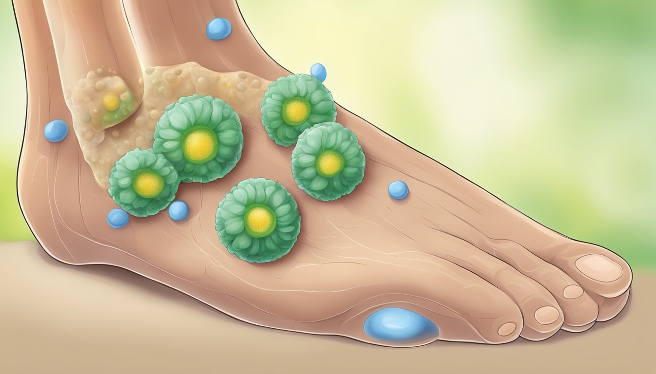 A close-up illustration of a wart on a plantar surface of a foot, surrounded by other healthy skin