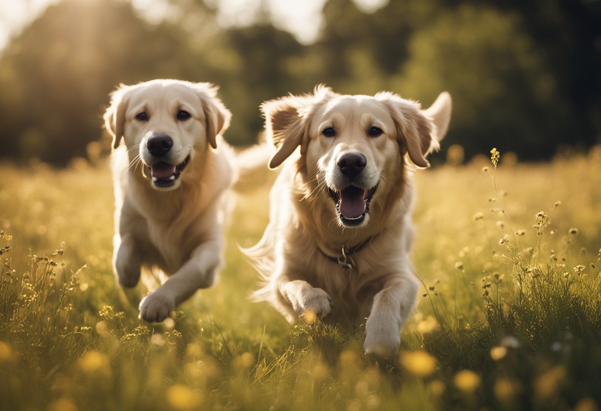 Un golden retriever y un labrador persiguiéndose juguetonamente en un prado bañado por el sol, con sus colas moviéndose y lenguas fuera en señal de alegría.