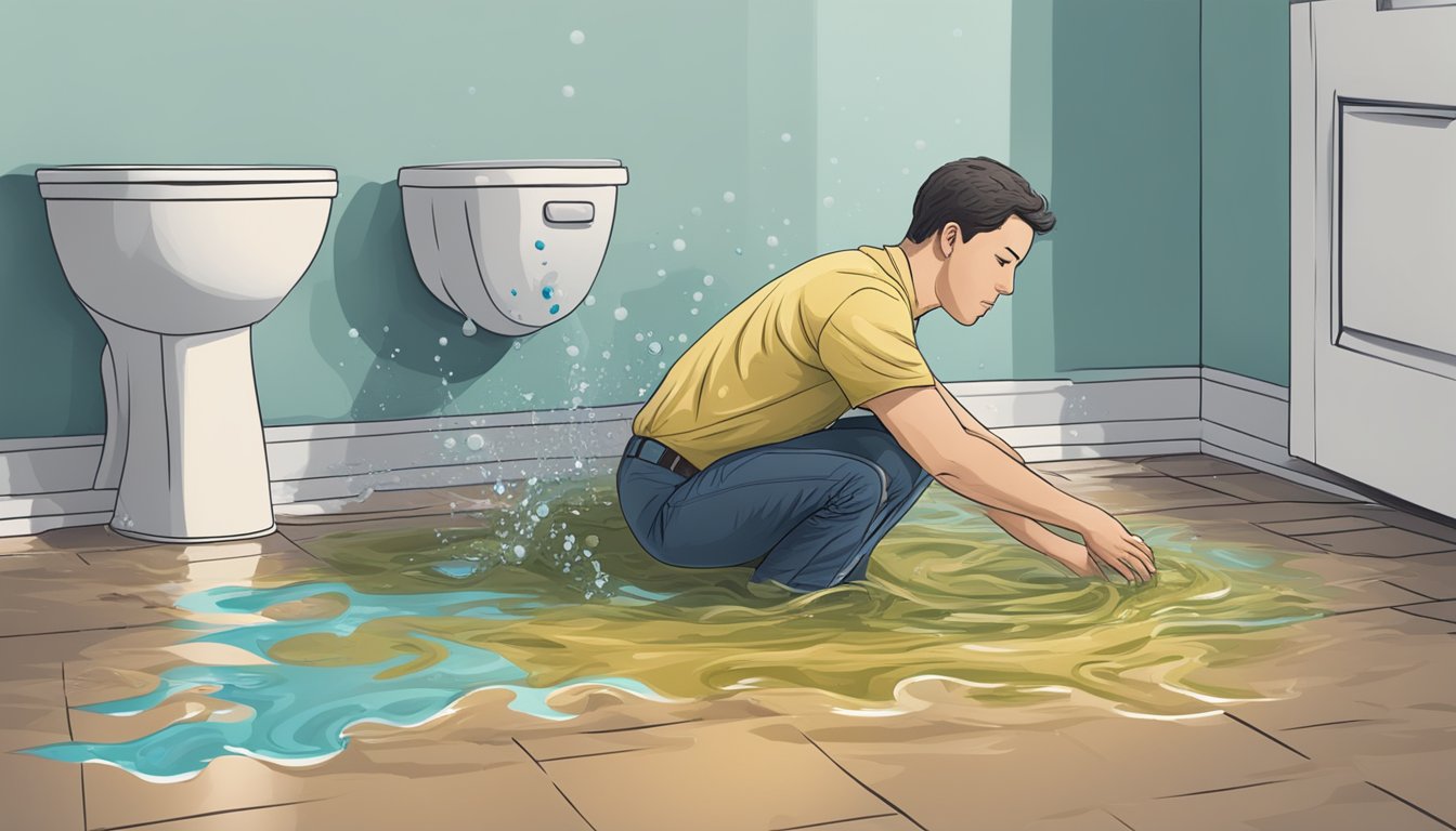 A person holding their lower abdomen in discomfort while surrounded by a water spill on the floor