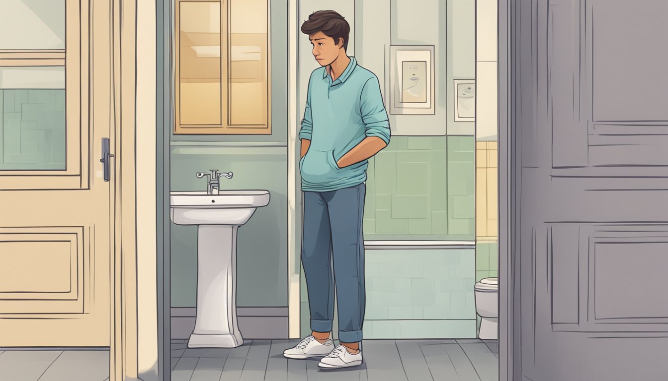 A person holding their lower abdomen with a worried expression while standing near a bathroom door