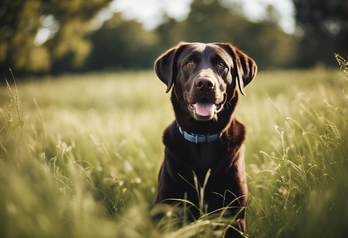 Un labrador retriever adulto chocolate jugando en un campo de hierba