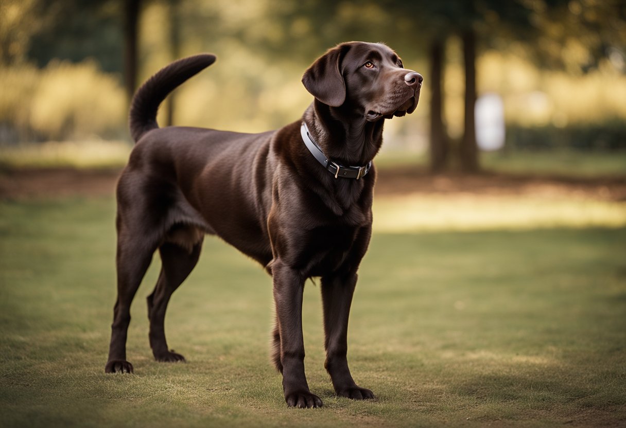 Un labrador retriever adulto de color chocolate que se mantiene erguido con un pelaje brillante, orejas caídas y una expresión amigable.