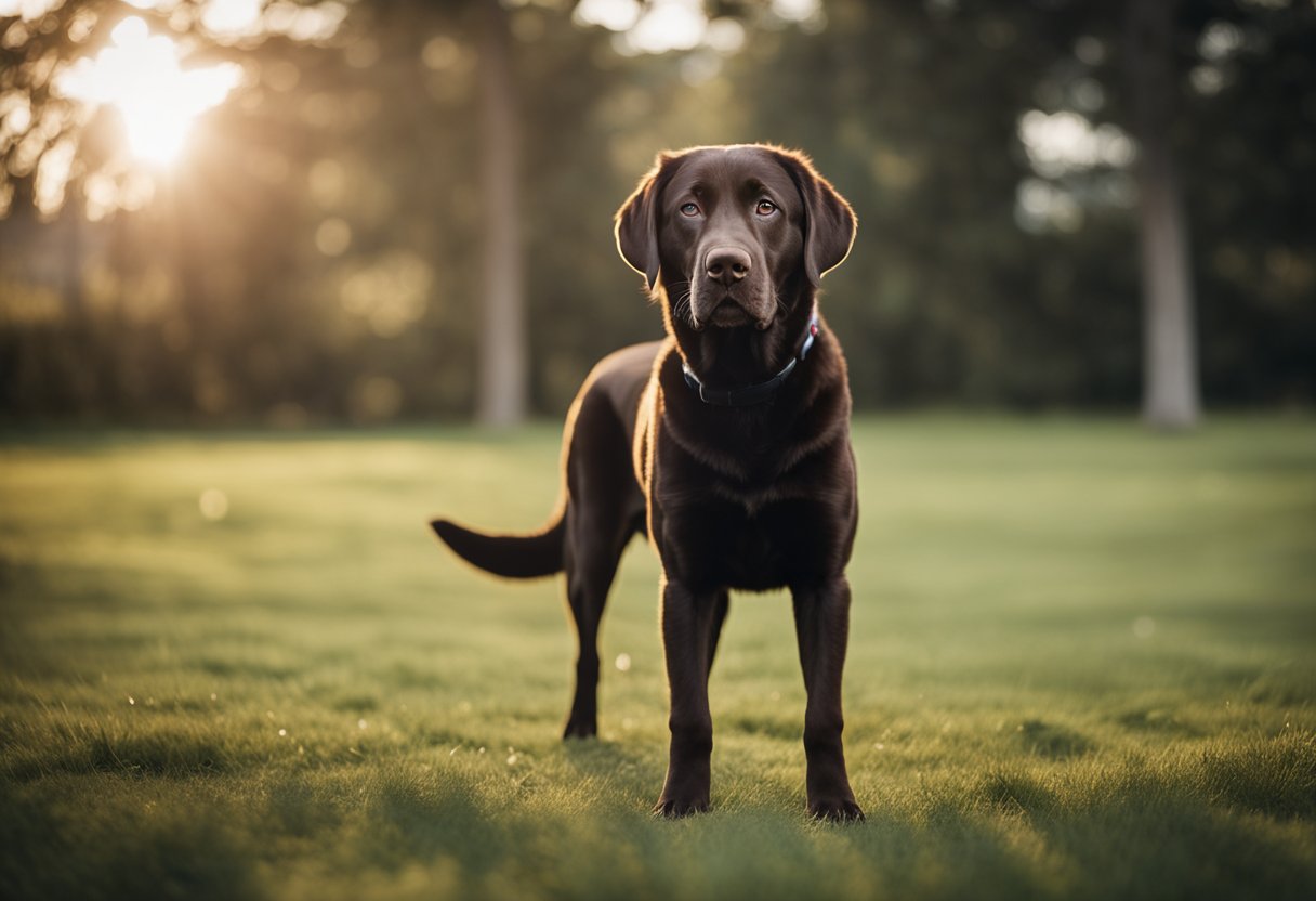 Un labrador retriever adulto chocolate que muestra un temperamento tranquilo y amigable