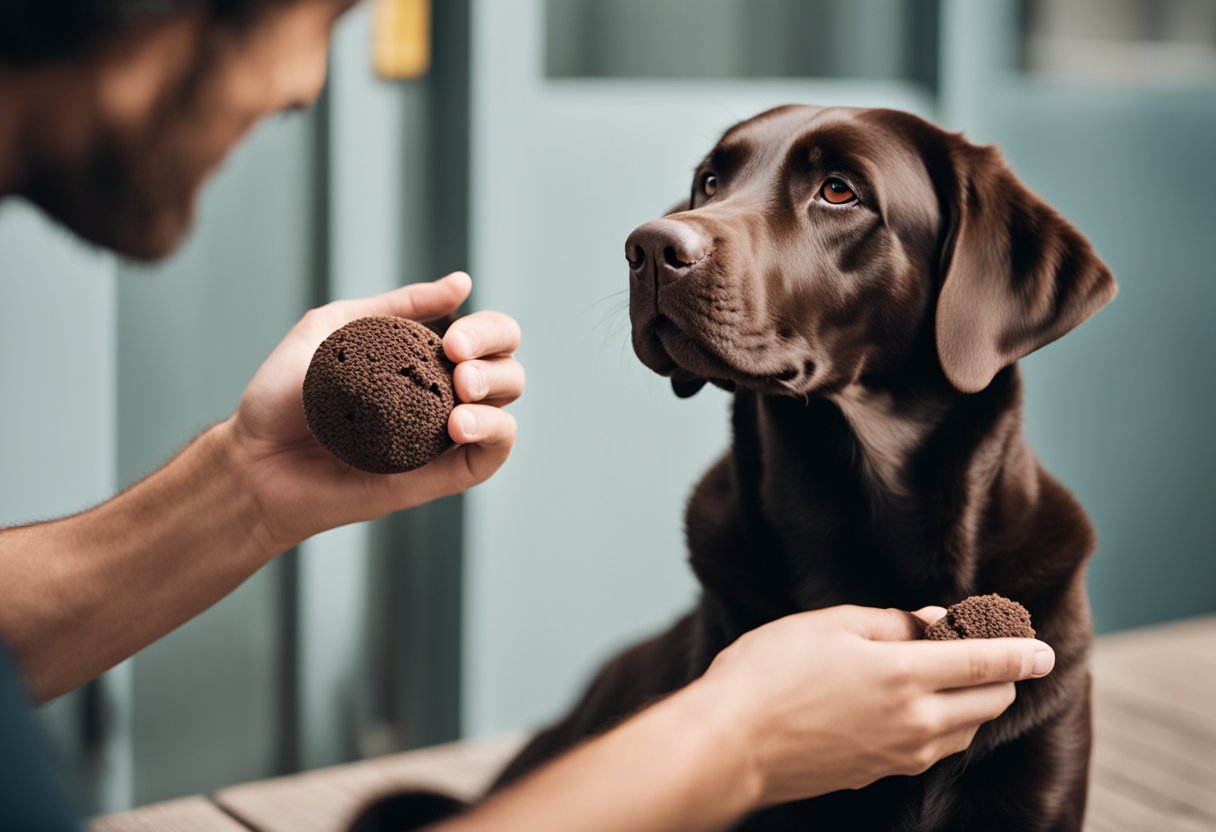 Un labrador retriever adulto de chocolate siendo cuidado y atendido por su dueño