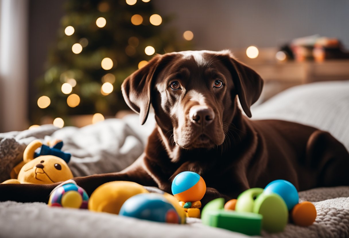 Un labrador retriever chocolate siendo cariñosamente cuidado por un adulto responsable en un ambiente hogareño acogedor, rodeado de juguetes y una cama cómoda.