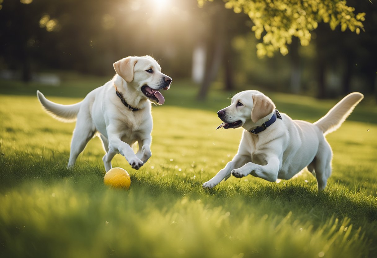 Dos perros labrador retriever jugando a buscar en un parque de hierba