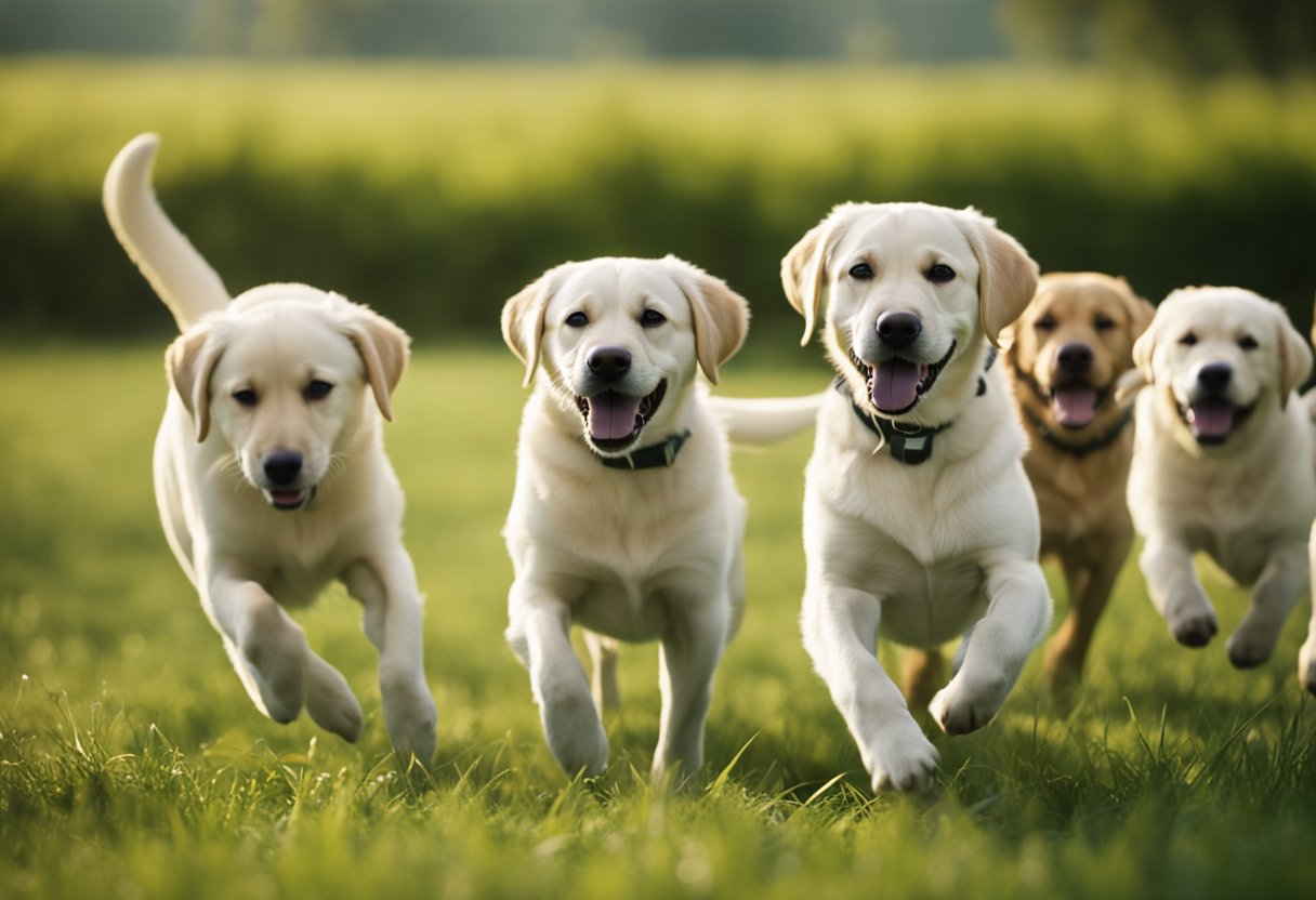 Un grupo de perros labrador retriever juega en un campo de hierba, moviendo sus colas y sacando la lengua mientras persiguen una pelota.