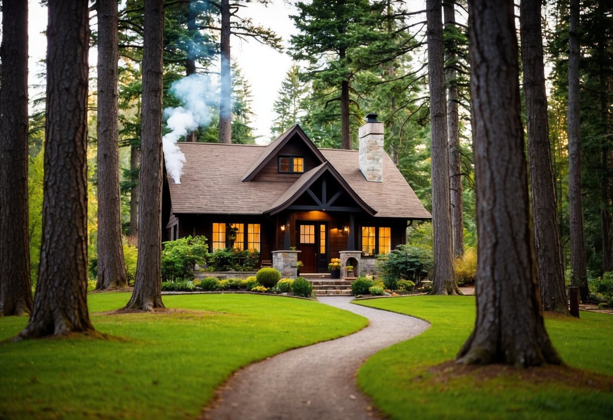 A cozy forest house nestled among tall trees, with a winding path leading up to the front door. Smoke curls from the chimney, and a small garden surrounds the home