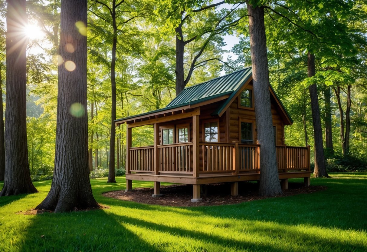 A cozy treehouse cabin nestled in a lush forest, surrounded by tall trees and dappled sunlight filtering through the leaves