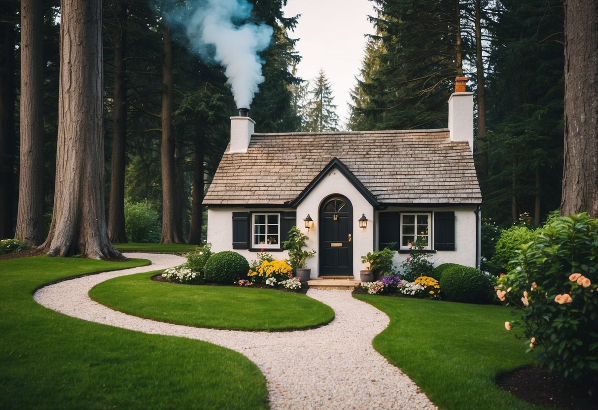 A cozy cottage nestled among towering trees, with a winding path leading up to the front door. Smoke curls from the chimney, and a small garden blooms with colorful flowers