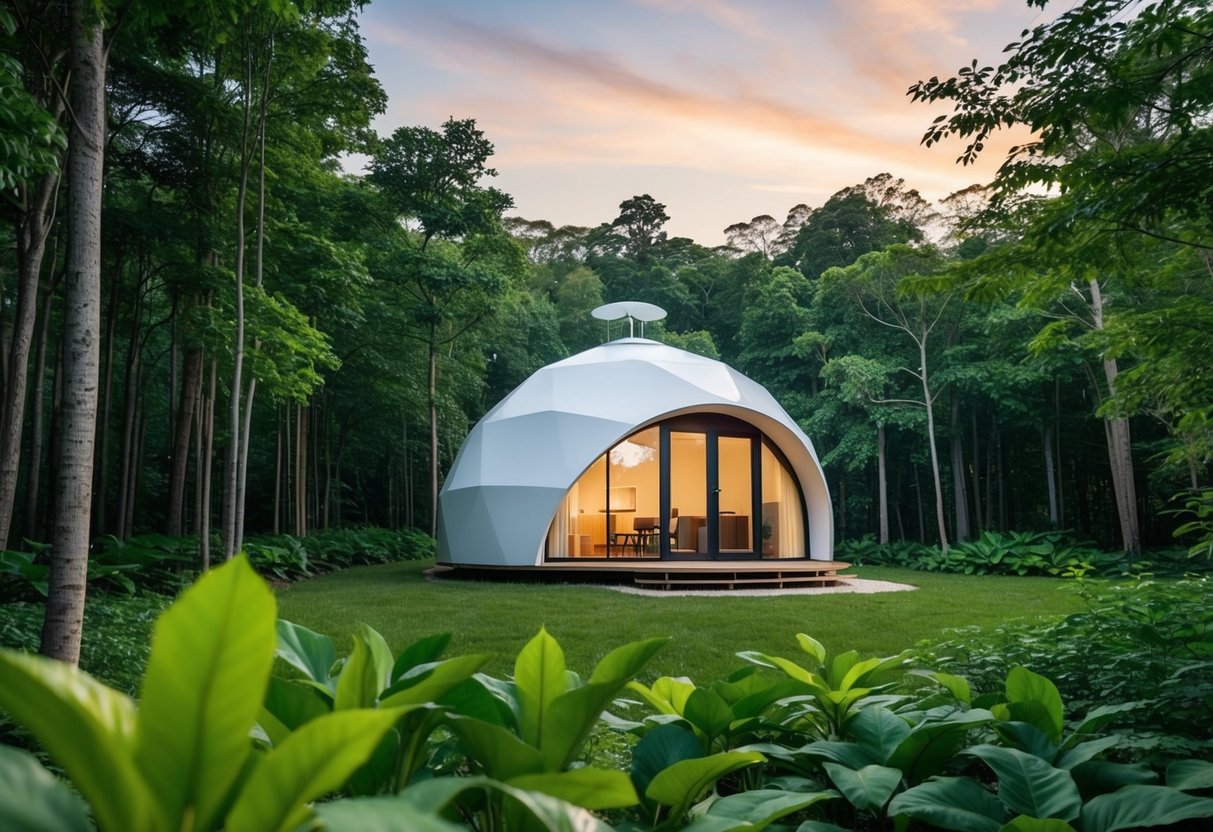 A tranquil forest setting with a modern dome-shaped house surrounded by lush greenery and sustainable features