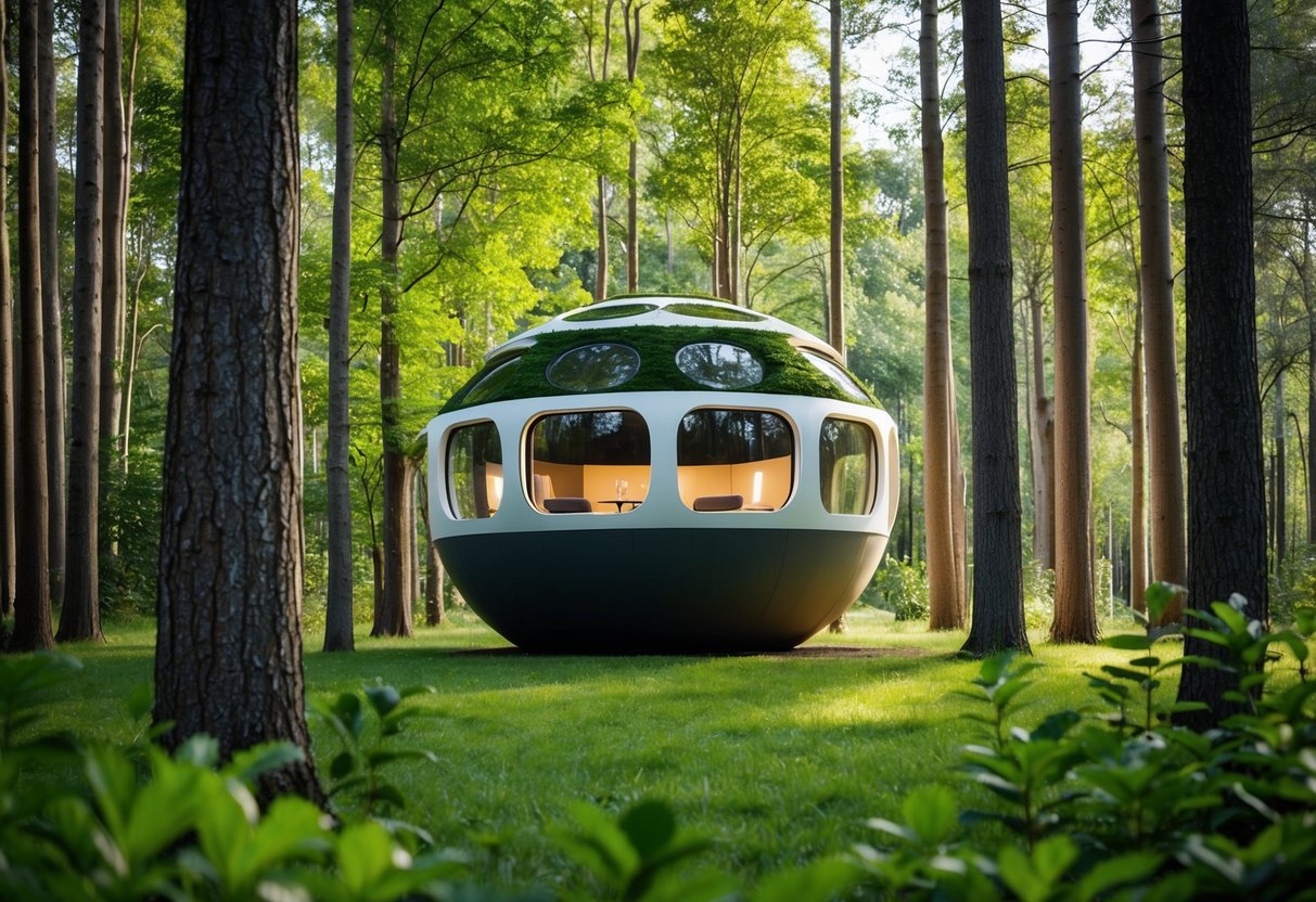 A modern tree pod nestled among tall trees in a lush forest, blending seamlessly with the natural environment