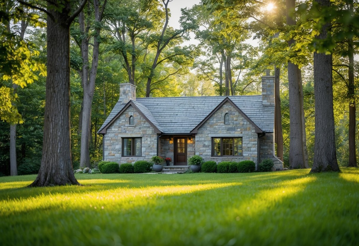 A cozy stone-clad house nestled in a lush forest clearing, surrounded by tall trees and dappled sunlight