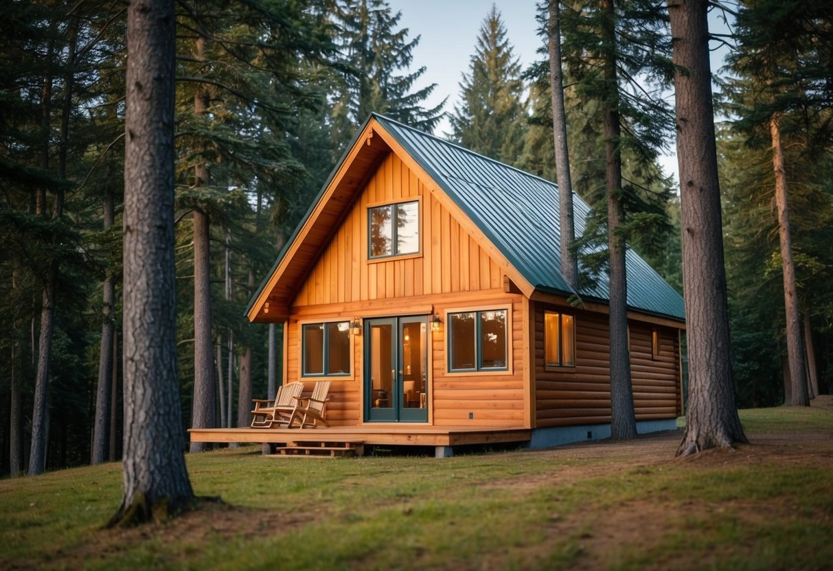 A cozy cedar-clad cabin nestled among tall trees in a serene forest setting