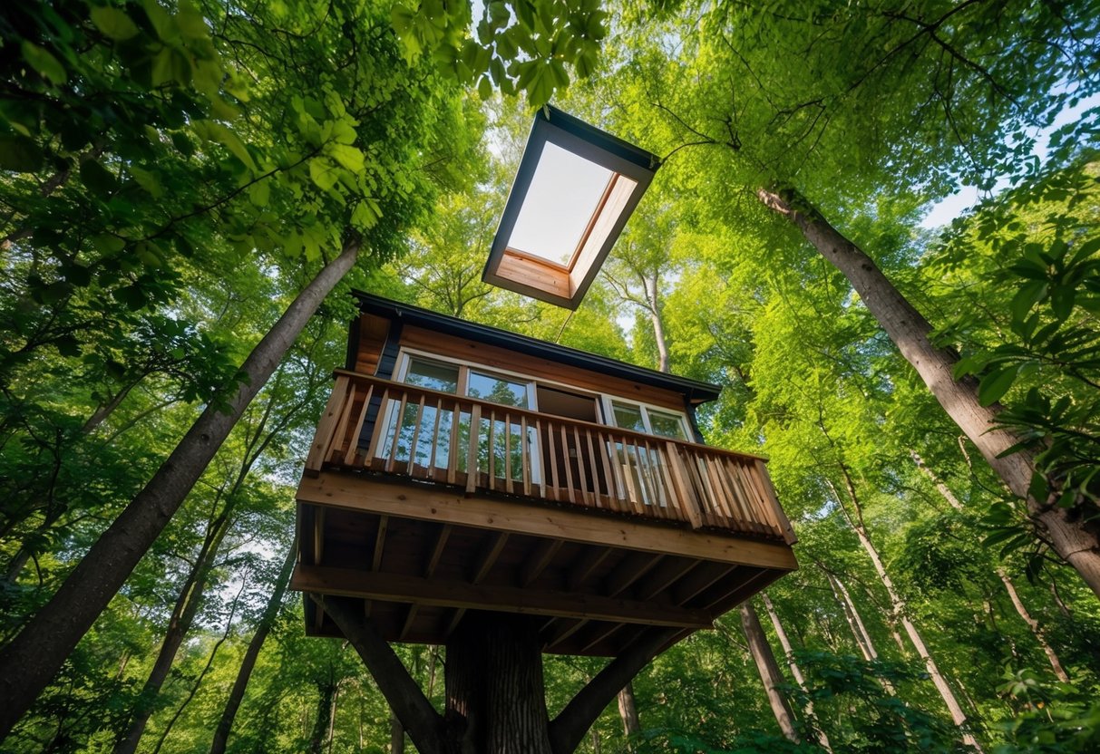 A cozy tree loft with a skylight nestled high in the forest canopy, surrounded by lush greenery and dappled sunlight