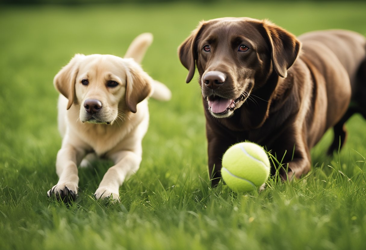 Un labrador retriever dorado jugando a buscar con una pelota de tenis en un campo de hierba, mientras un labrador chocolate se relaja cerca.