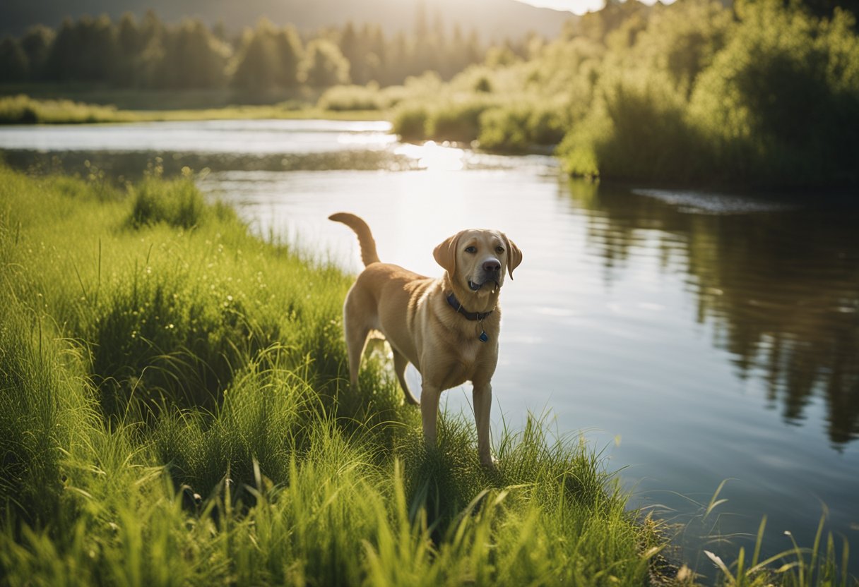 Un labrador está de pie en un campo verde, mientras un labrador retriever recupera un palo de un río tranquilo.