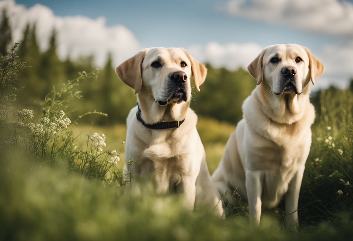 Un labrador está al lado de un labrador retriever, mostrando sus diferencias en características físicas como el color del pelaje, el tamaño y la complexión.