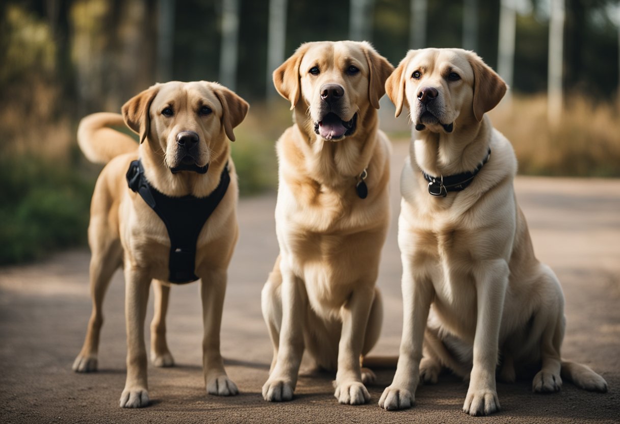 Un labrador y un labrador retriever uno al lado del otro, mostrando sus diferencias físicas en tamaño, color de pelaje y complexión.