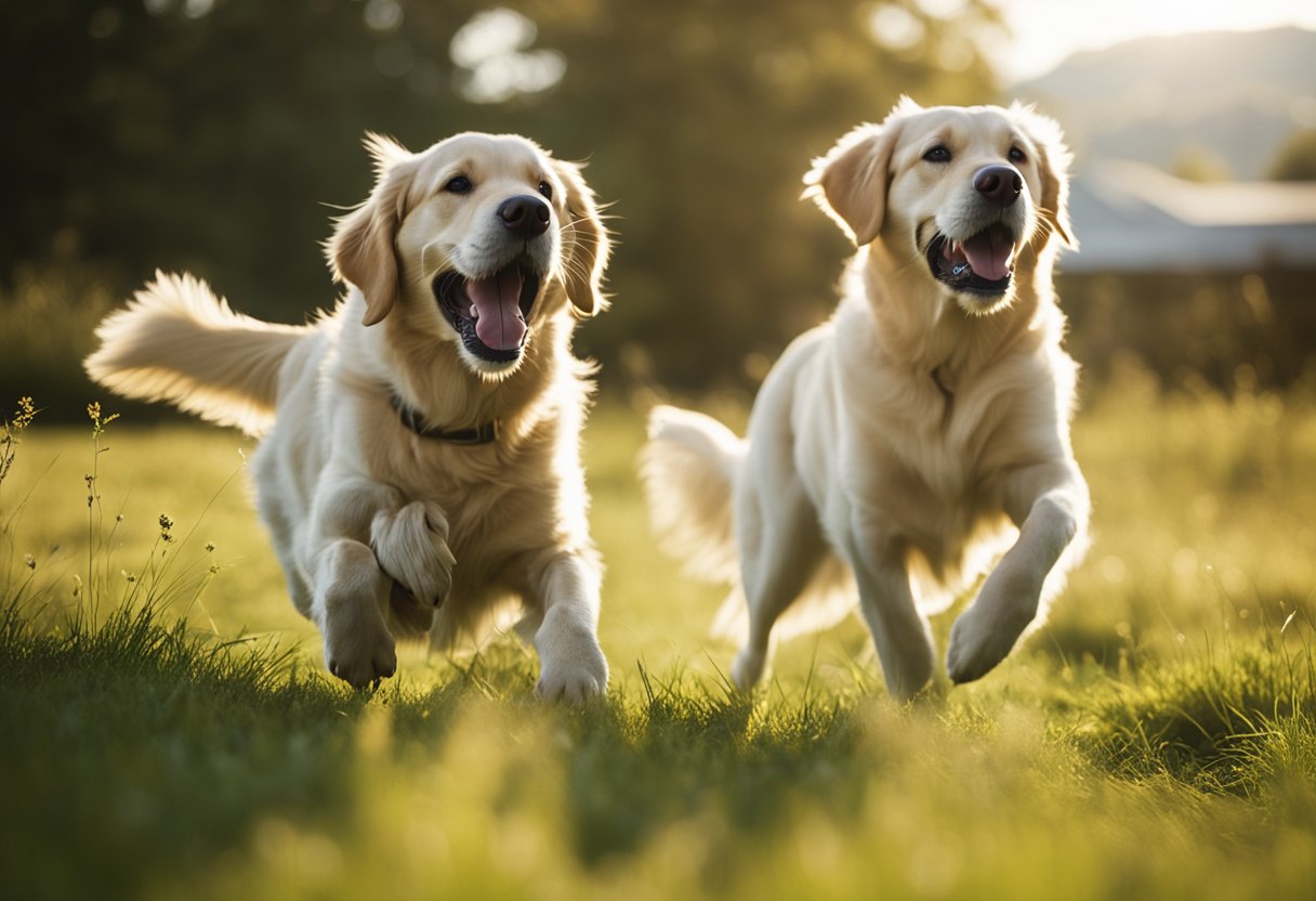 Un golden retriever y un labrador se persiguen juguetonamente a través de un campo de hierba, moviendo sus colas y sacando la lengua mientras disfrutan del día soleado.