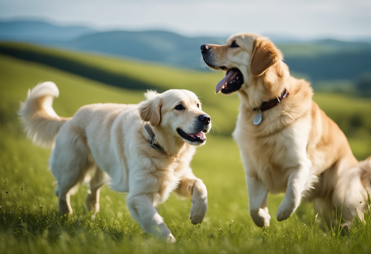 Un golden retriever y un labrador jugando juntos en un prado verde, rodeados de colinas onduladas y un cielo azul claro.