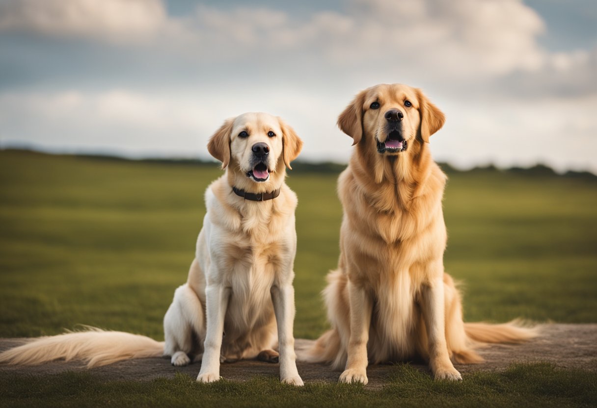 Un golden retriever y un labrador están uno al lado del otro, mostrando sus distintas diferencias físicas en tamaño, color de pelaje y rasgos faciales.