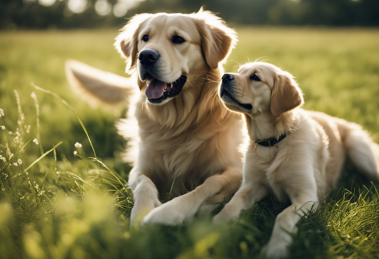 Un golden retriever y un labrador jugando juntos en un campo de hierba, mostrando sus temperamentos y comportamientos contrastantes a través de sus interacciones.