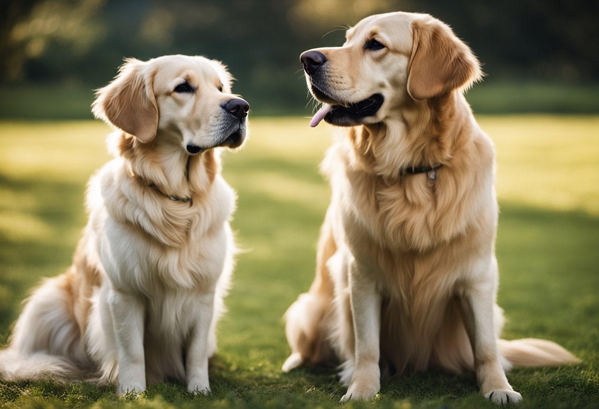 Un golden retriever y un labrador están sentados uno al lado del otro, el largo y fluido pelaje del golden retriever contrasta con el pelaje más corto y liso del labrador. Ambos perros tienen expresiones de satisfacción mientras reciben cuidados y atención suaves de su dueño.