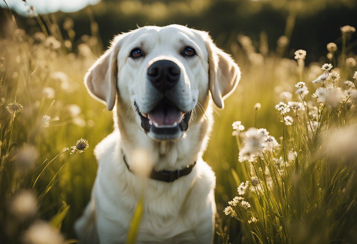 Un Labrador retriever jugando en un campo soleado, rodeado de hierba alta y flores silvestres, con un cielo azul claro arriba.