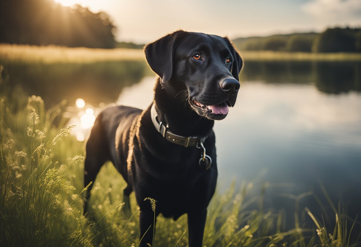 Un Labrador Retriever jugando en un campo de hierba con un lago sereno de fondo