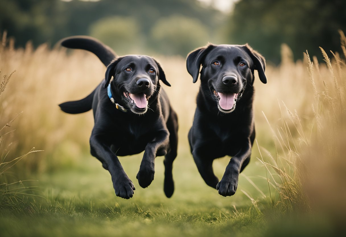 Un feliz labrador retriever corriendo por un campo de hierba con la cola moviéndose y una expresión juguetona