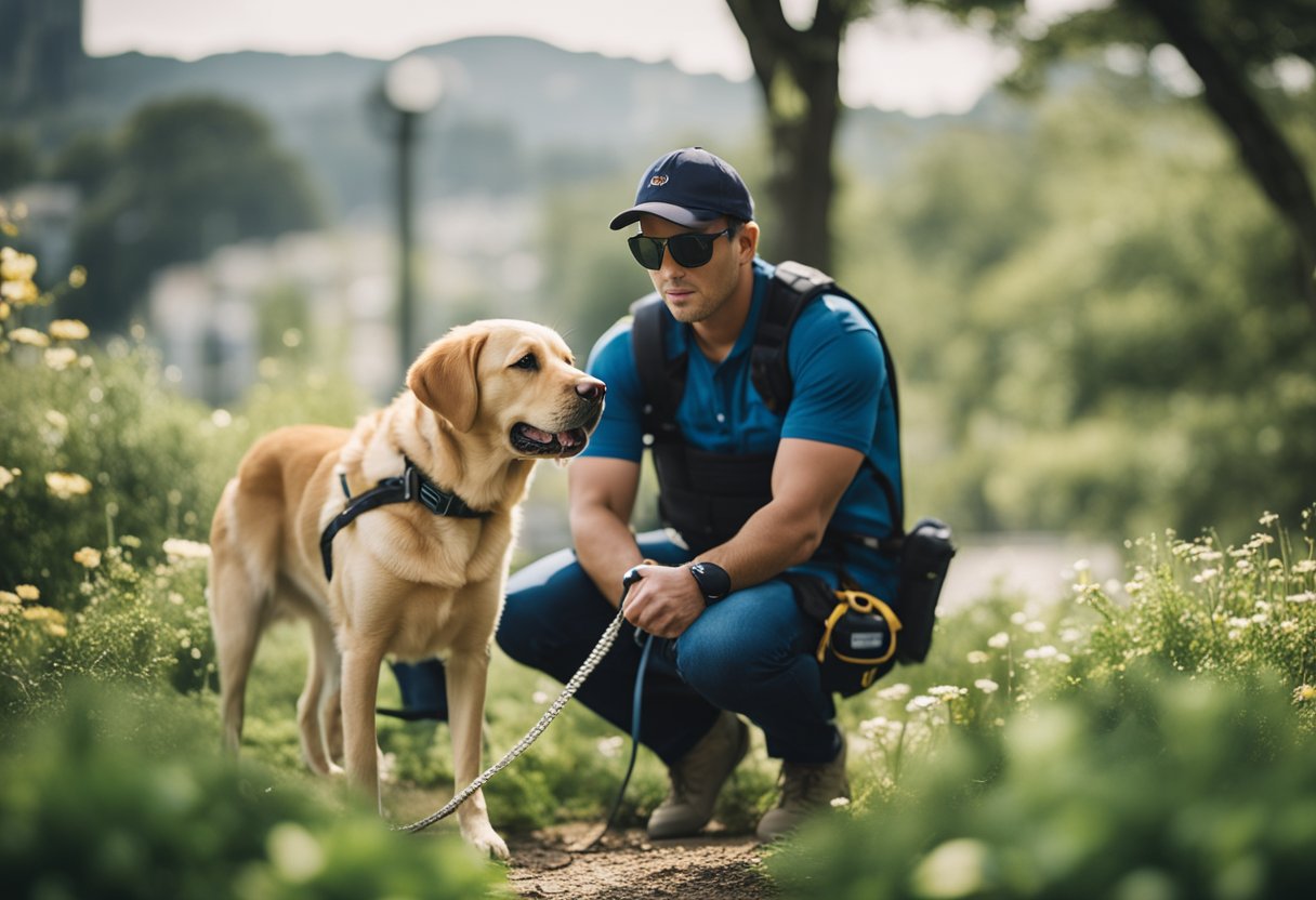 Un labrador retriever que trabaja como perro de servicio, ayudando a su dueño con tareas.