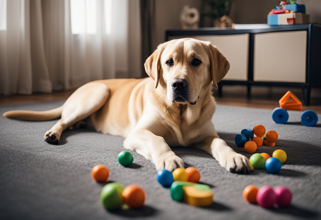 Un labrador retriever siendo entrenado y criado en un entorno hogareño, rodeado de juguetes, cuencos de comida y una cama acogedora.