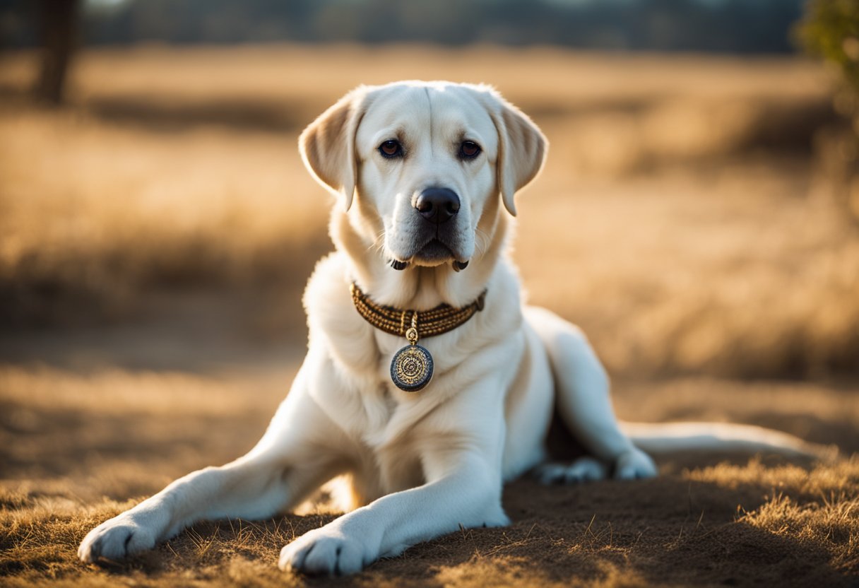 Un labrador retriever se erige orgullosamente junto a un símbolo cultural tradicional, representando su herencia y legado.