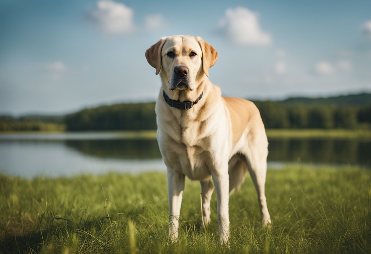 Un labrador retriever se encuentra orgullosamente al lado de un cazador, rodeado de campos exuberantes y un lago sereno. La robusta constitución del perro y su expresión amigable reflejan su historia como una raza de trabajo leal y versátil.