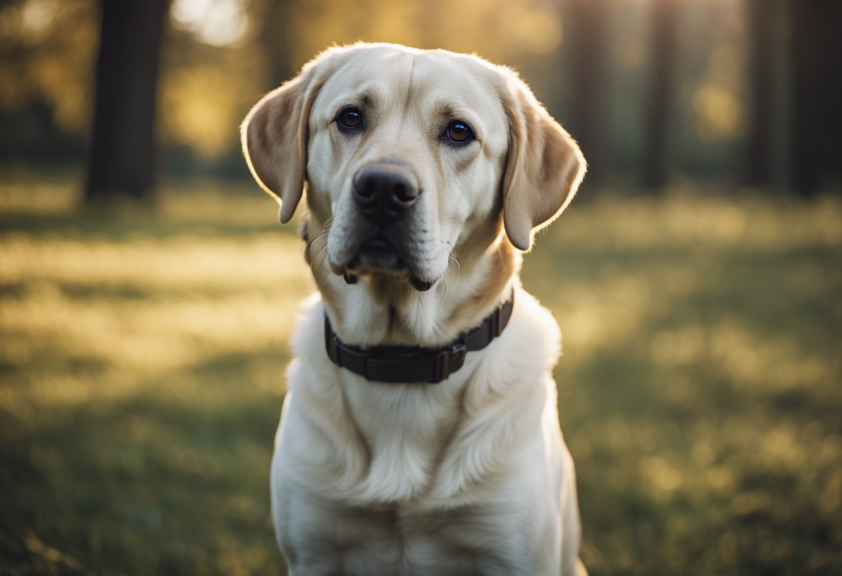 Un labrador retriever se erige con orgullo, con una constitución robusta, cabeza ancha y ojos expresivos, mostrando su evolución e historia a través de sus distintas características morfológicas.