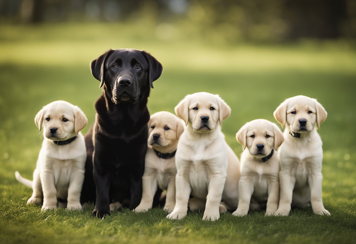 Una madre labrador retriever se erige orgullosamente junto a su camada de adorables cachorros, mostrando la historia y evolución de la querida raza.