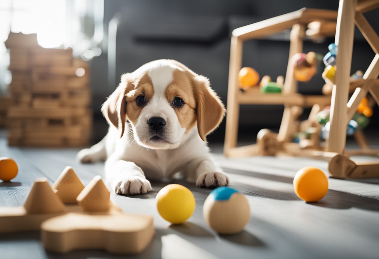 Um ambiente de treinamento para filhotes com brinquedos, petiscos e um pequeno percurso de obstáculos para comandos básicos